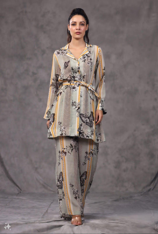 Butterfly Muse – Beige & Green Striped Floral Coord Set Nivishas - Sec46