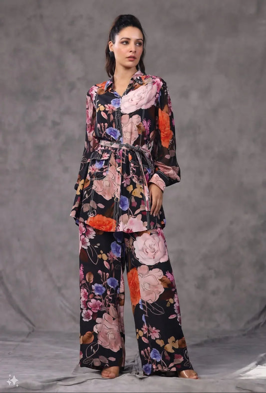 Rosé Noir – Black Multicolor Floral Print Designer Coord Set Nivishas - Sec46