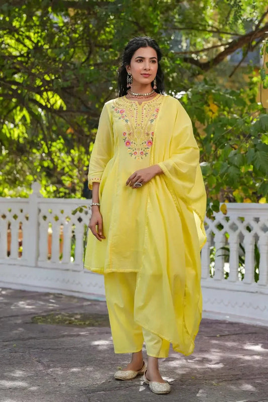 Ziyana – Sunshine Yellow Floral Embroidered Kurta Set Nivishas - Sec46