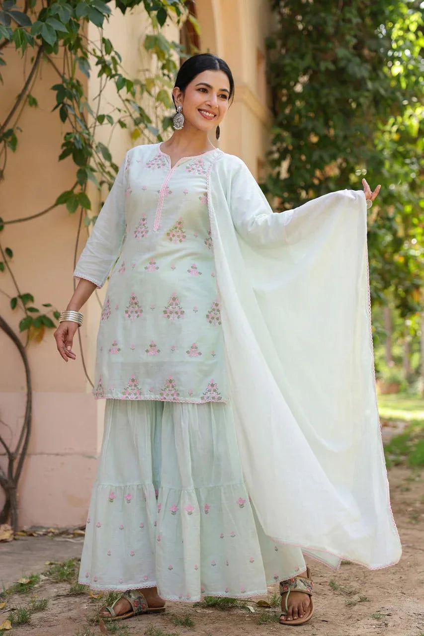 Larae – Mint Green Floral Embroidered Kurta with Tiered Sharara Nivishas - Sec46