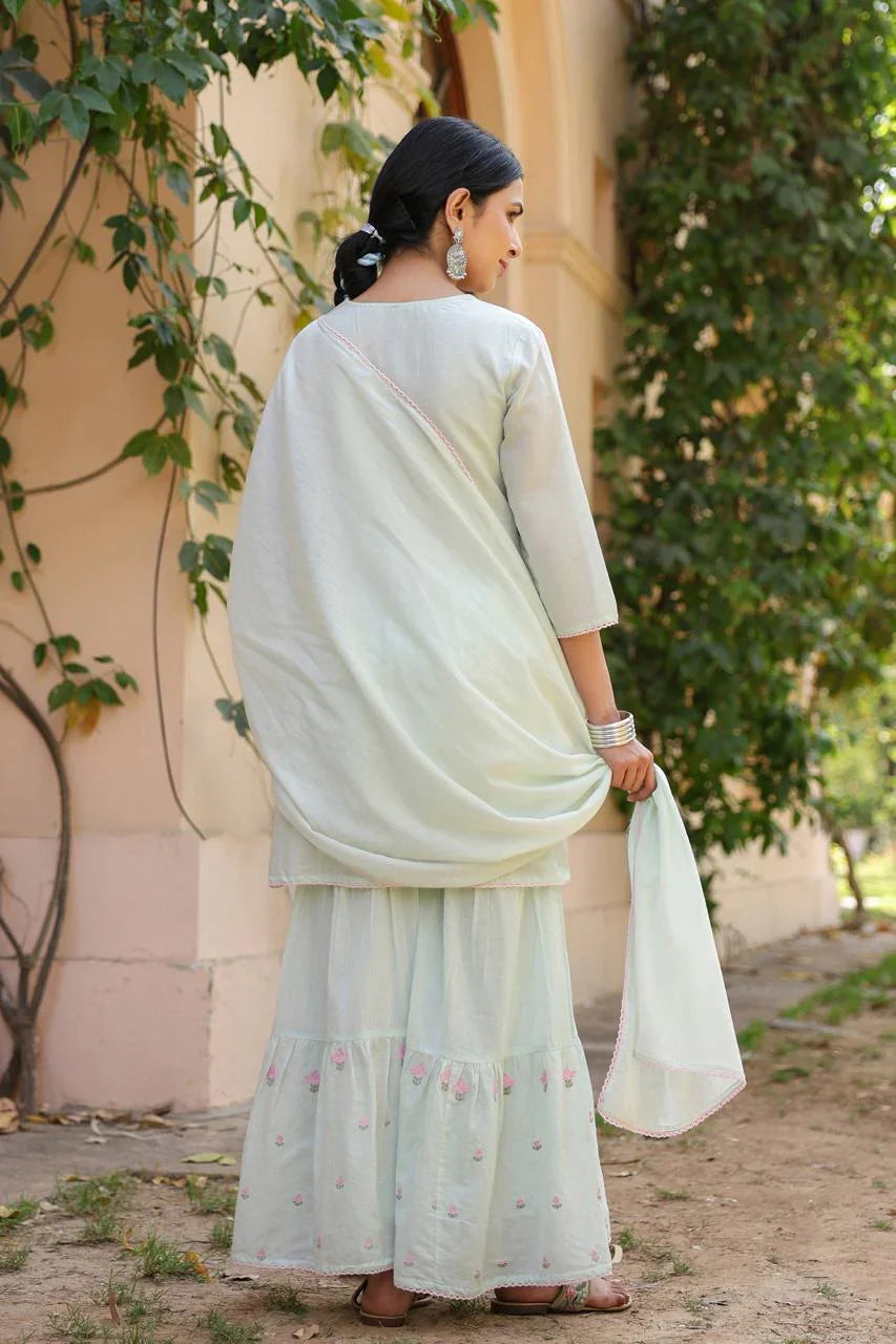 Larae – Mint Green Floral Embroidered Kurta with Tiered Sharara Nivishas - Sec46