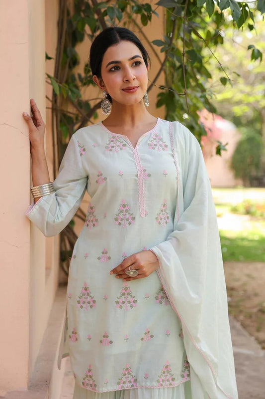 Larae – Mint Green Floral Embroidered Kurta with Tiered Sharara Nivishas - Sec46