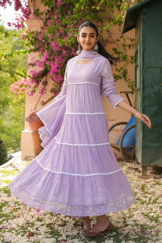 Vyana – Lavender Tiered Anarkali Kurta Set Light Color Nivishas - Sec46