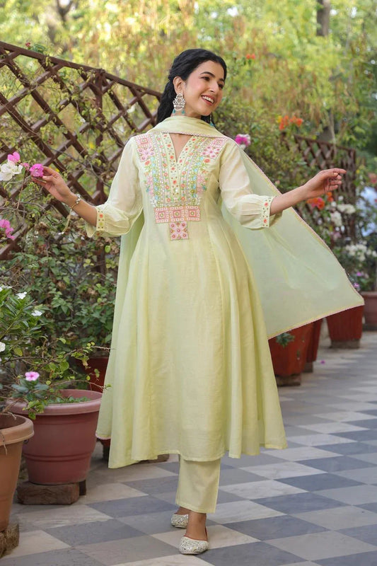 Amira – Pastel Green Embroidered Kurta Set with Geometric Yoke Nivishas - Sec46