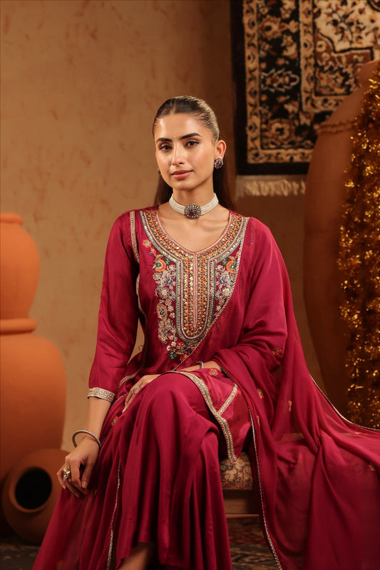 Crimson Radiance – Zari Bloom Suit Set