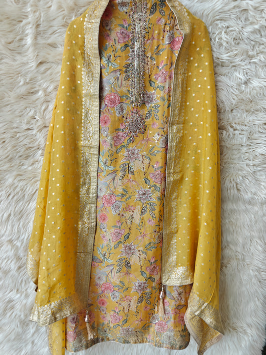 Lina – Mustard Floral Unstitched Suit Set - Nivisha's