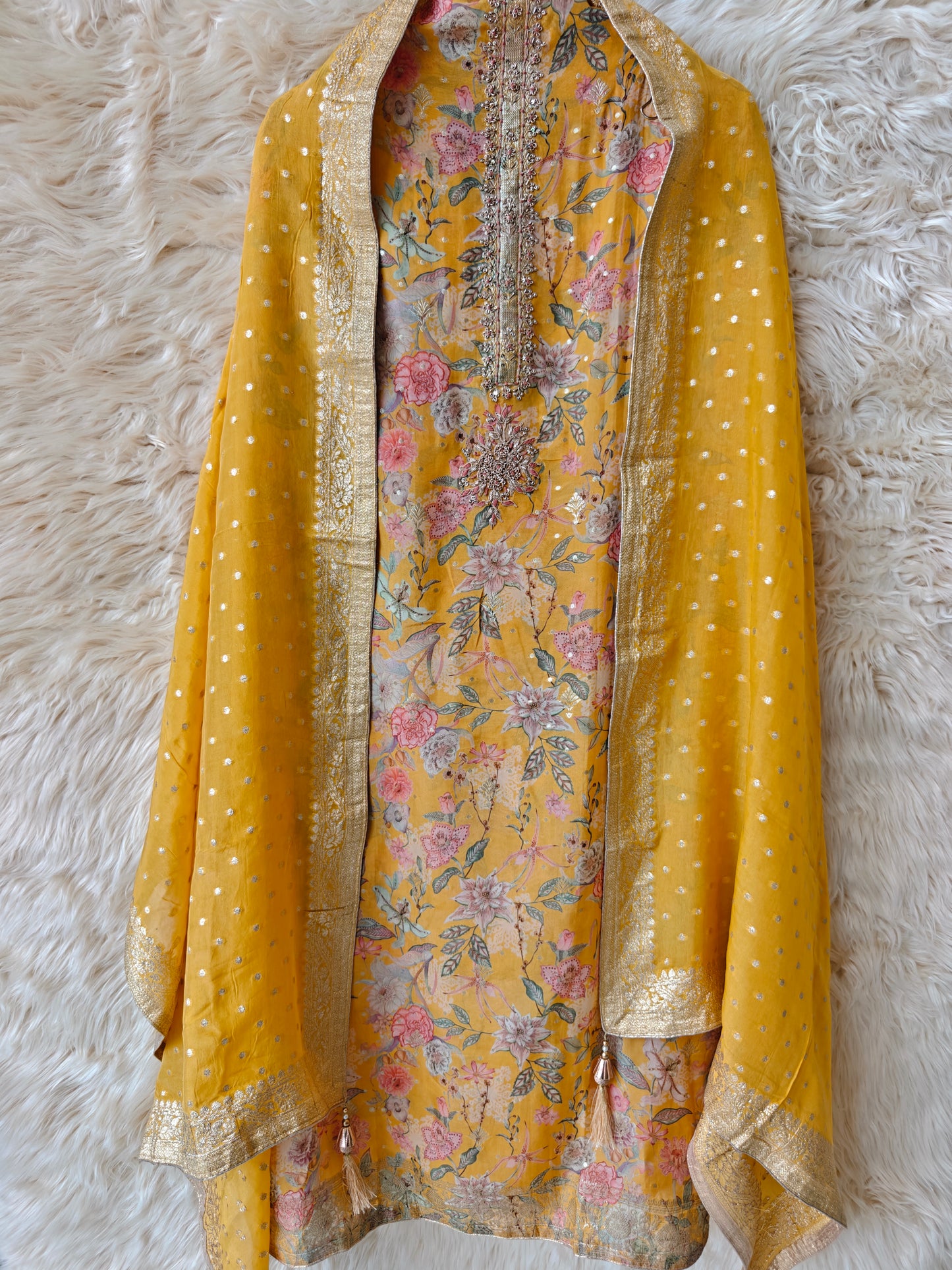 Lina – Mustard Floral Unstitched Suit Set - Nivisha's