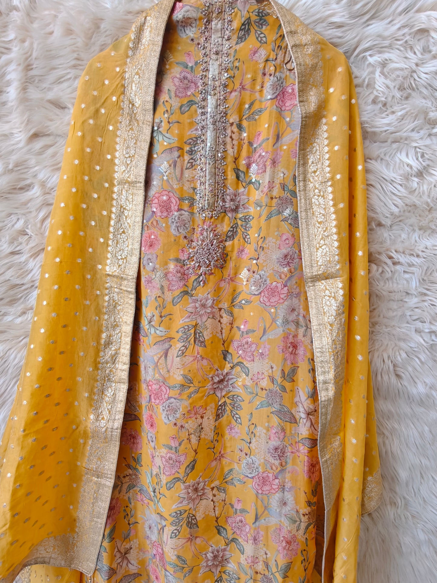 Lina – Mustard Floral Unstitched Suit Set - Nivisha's
