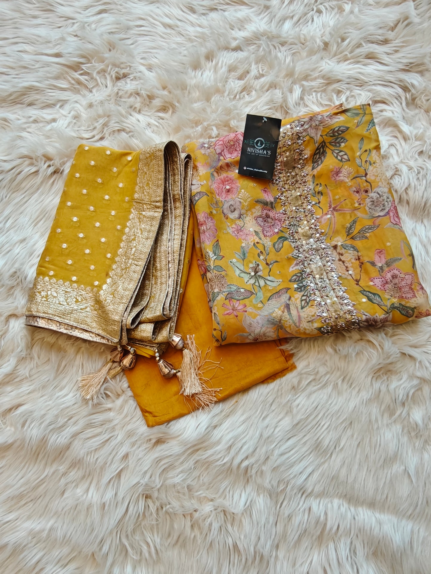 Lina – Mustard Floral Unstitched Suit Set - Nivisha's