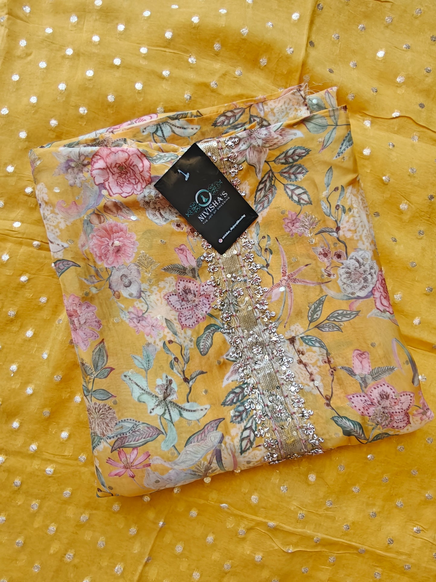 Lina – Mustard Floral Unstitched Suit Set - Nivisha's