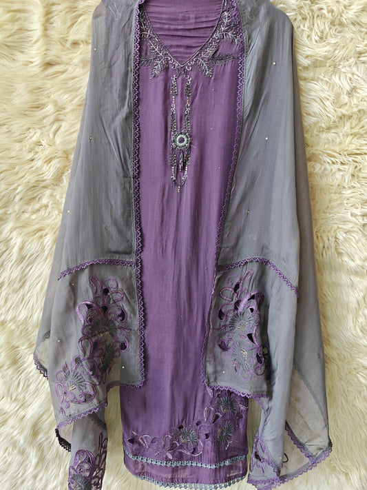 Aarvi - Lavender Unstitched Embroidered Suit Set - Nivisha's