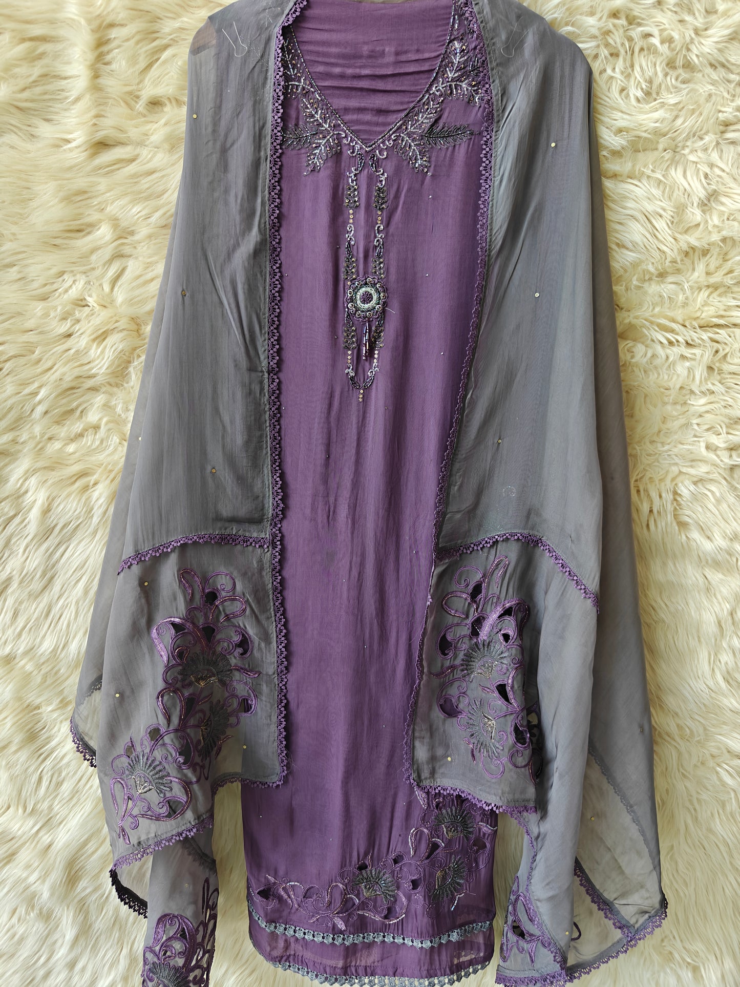 Aarvi - Lavender Unstitched Embroidered Suit Set - Nivisha's