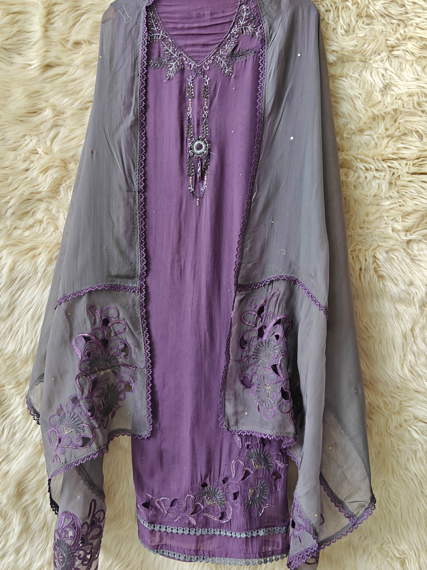 Aarvi - Lavender Unstitched Embroidered Suit Set - Nivisha's