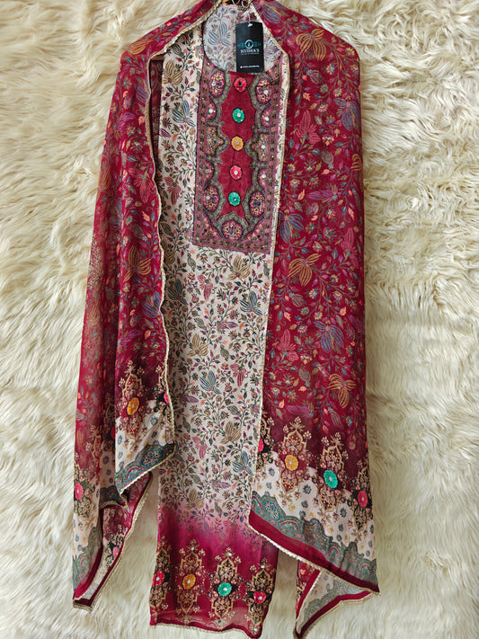 Mahira - Maroon Floral Unstitched Printed Suit Set - Nivisha's
