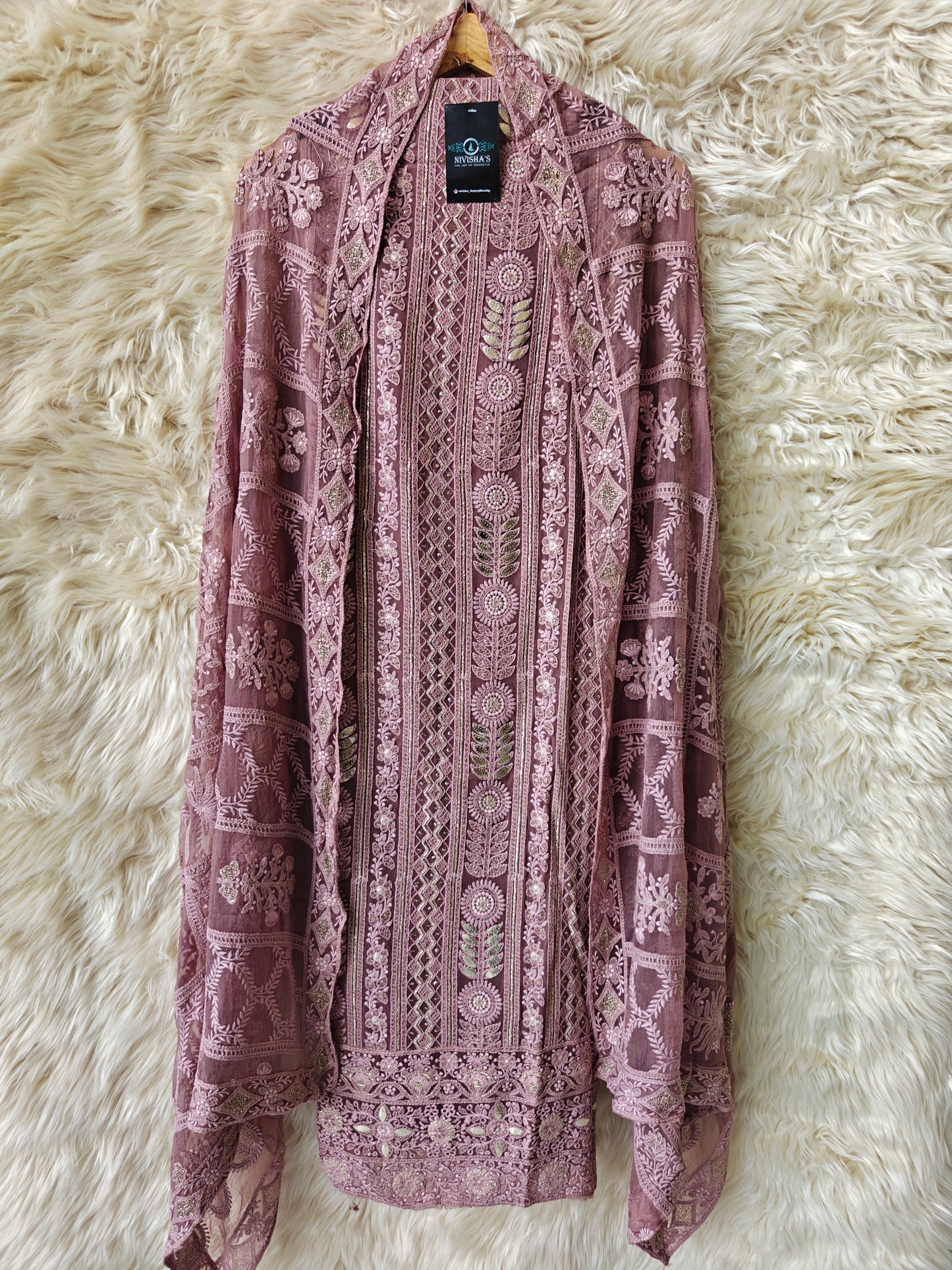 Iraya – Mauve Embroidered Georgette Unstitched Suit Set - Nivisha's