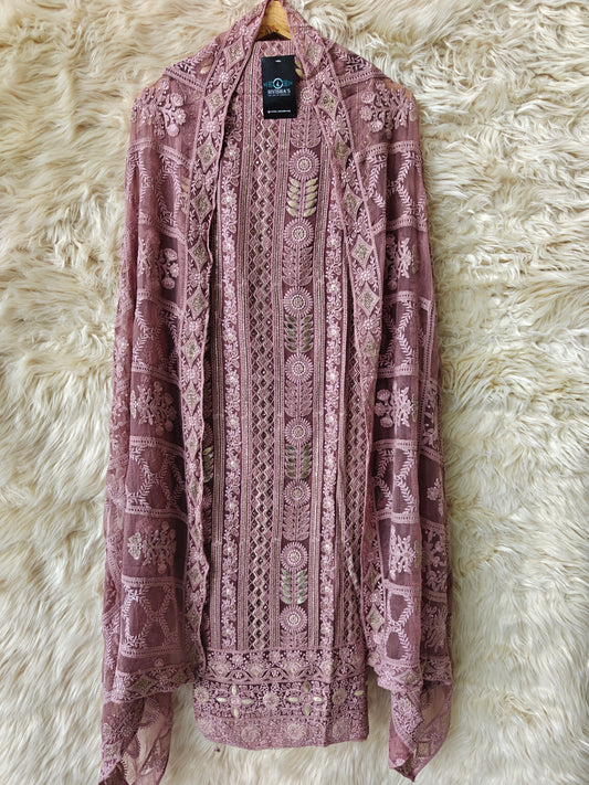 Iraya – Mauve Embroidered Georgette Unstitched Suit Set - Nivisha's