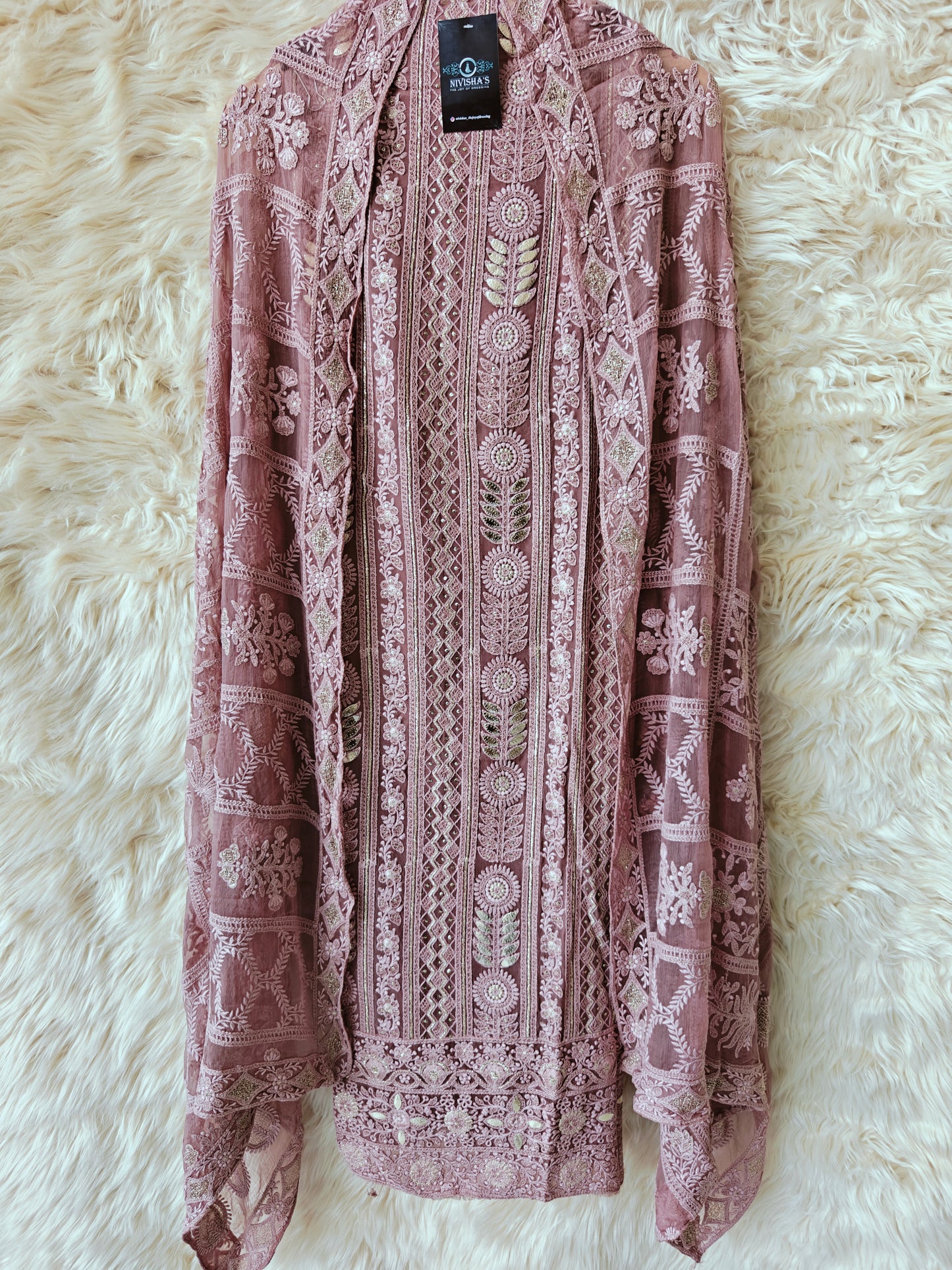 Iraya – Mauve Embroidered Georgette Unstitched Suit Set - Nivisha's