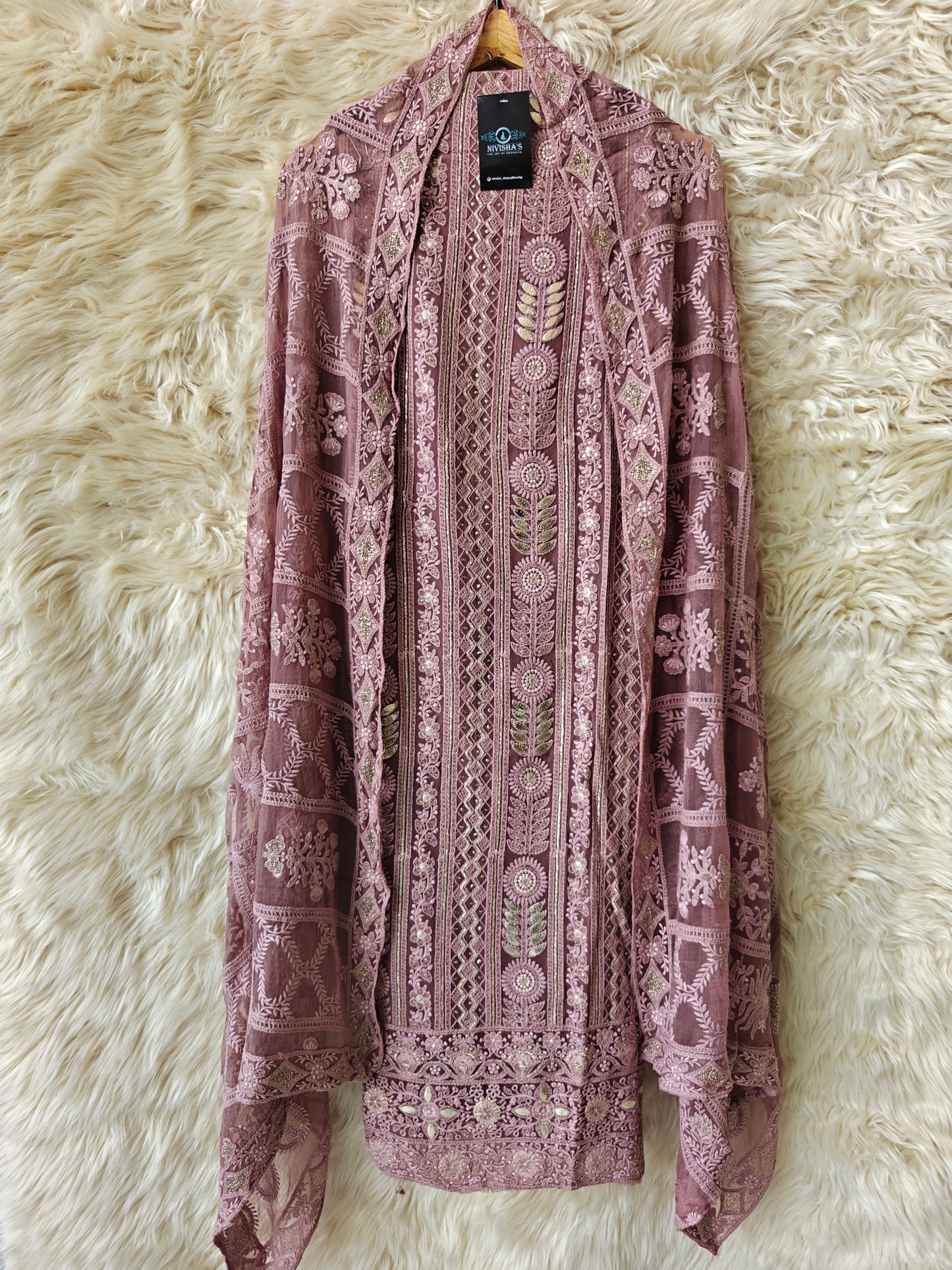 Iraya – Mauve Embroidered Georgette Unstitched Suit Set - Nivisha's
