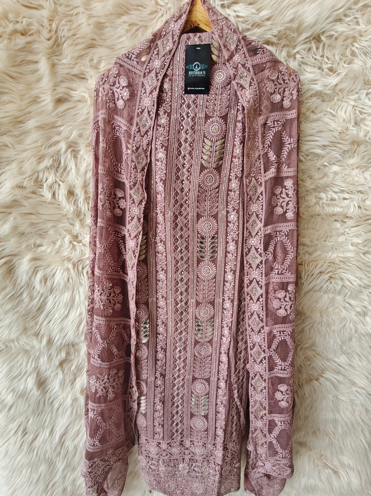 Iraya – Mauve Embroidered Georgette Unstitched Suit Set - Nivisha's