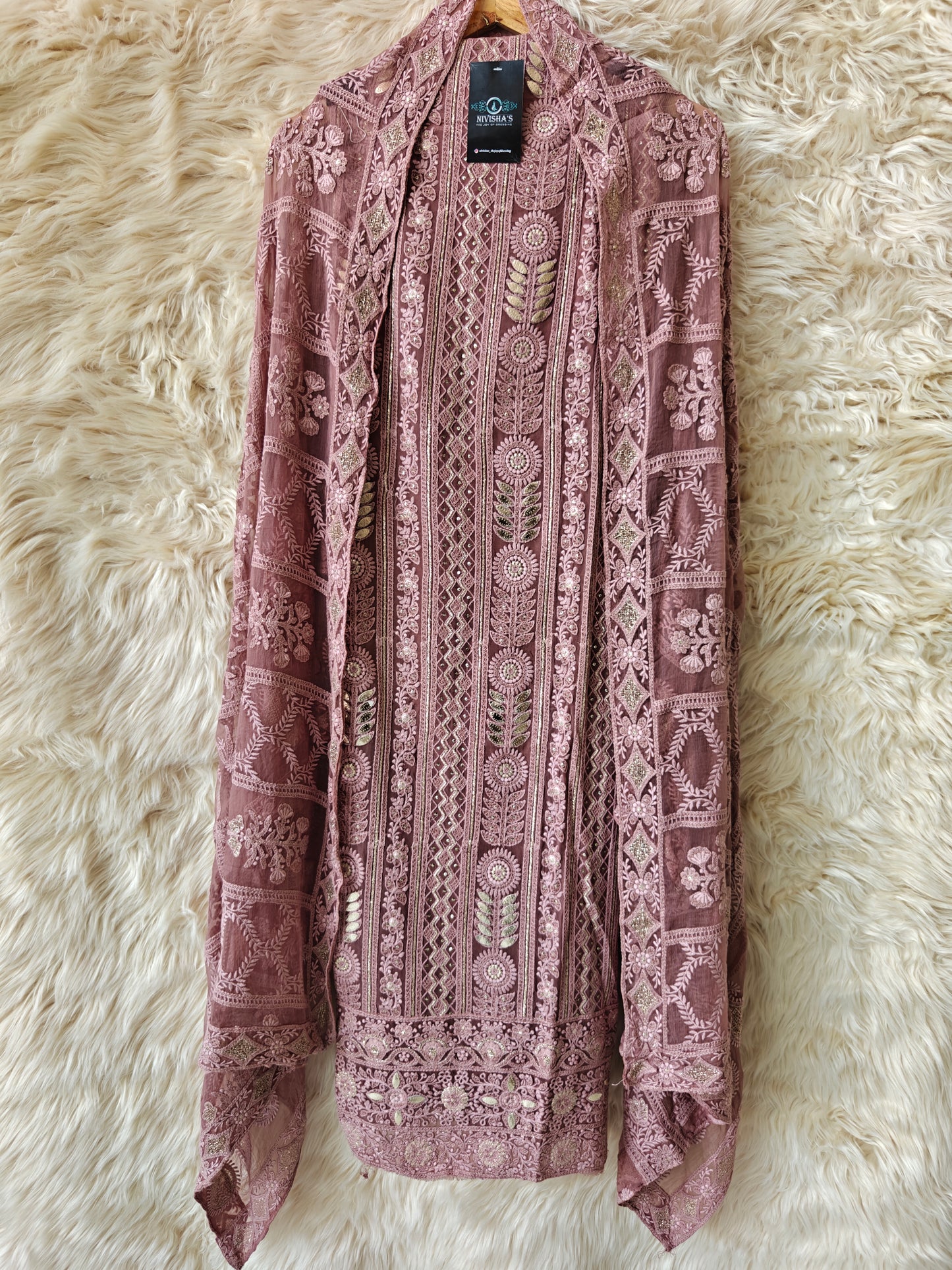 Iraya – Mauve Embroidered Georgette Unstitched Suit Set - Nivisha's