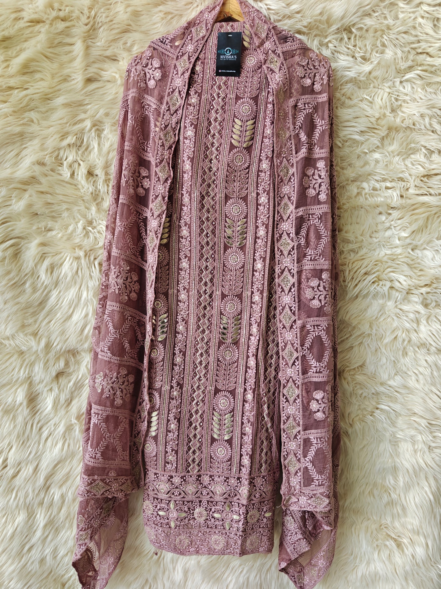 Iraya – Mauve Embroidered Georgette Unstitched Suit Set - Nivisha's