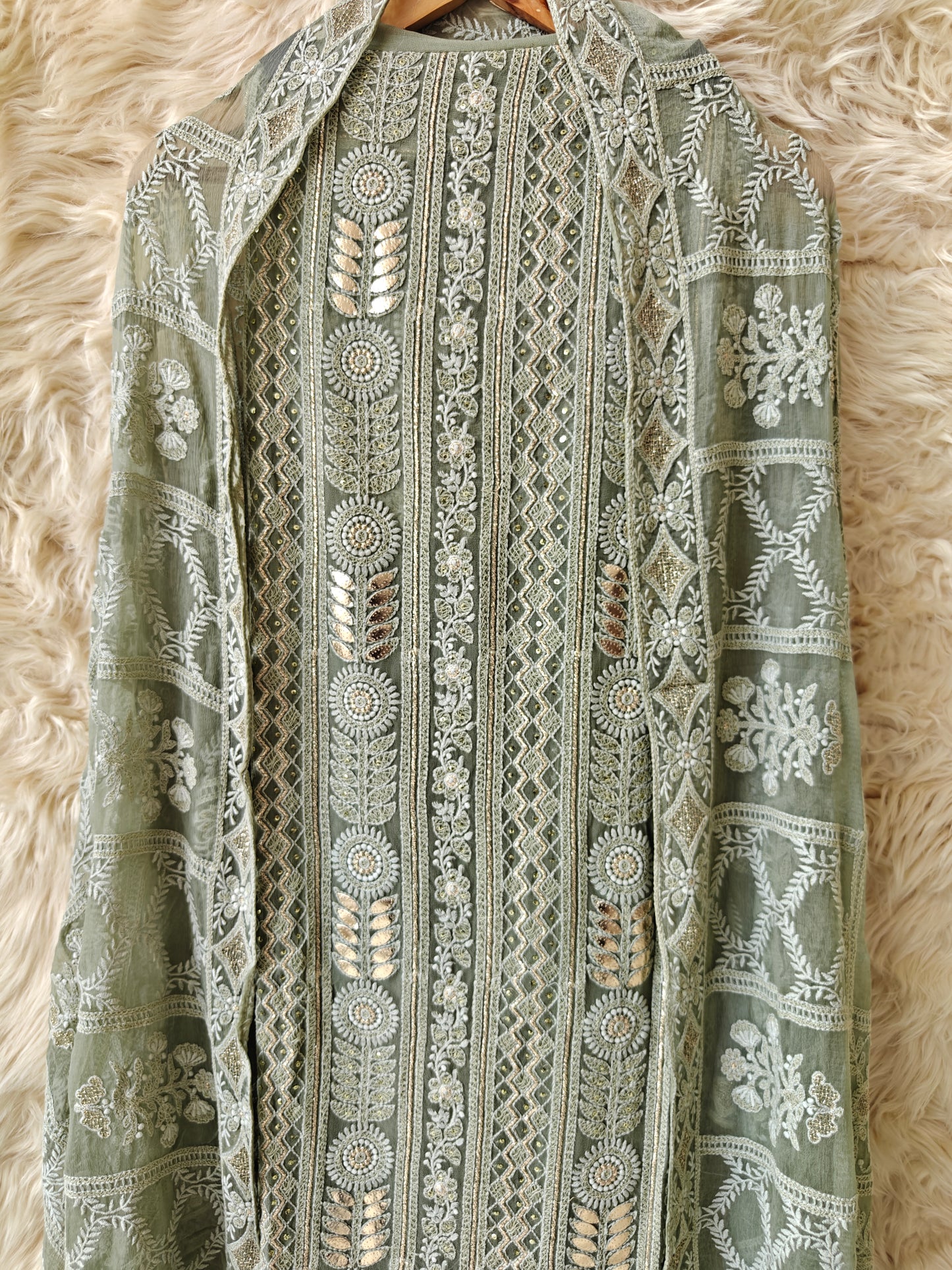 Aureya – Sage Green Embroidered Georgette Unstitched Suit Set - Nivisha's