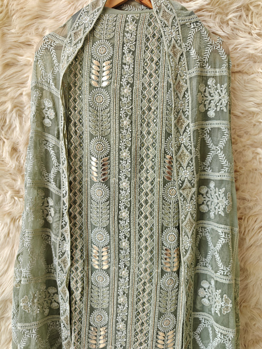 Aureya – Sage Green Embroidered Georgette Unstitched Suit Set - Nivisha's