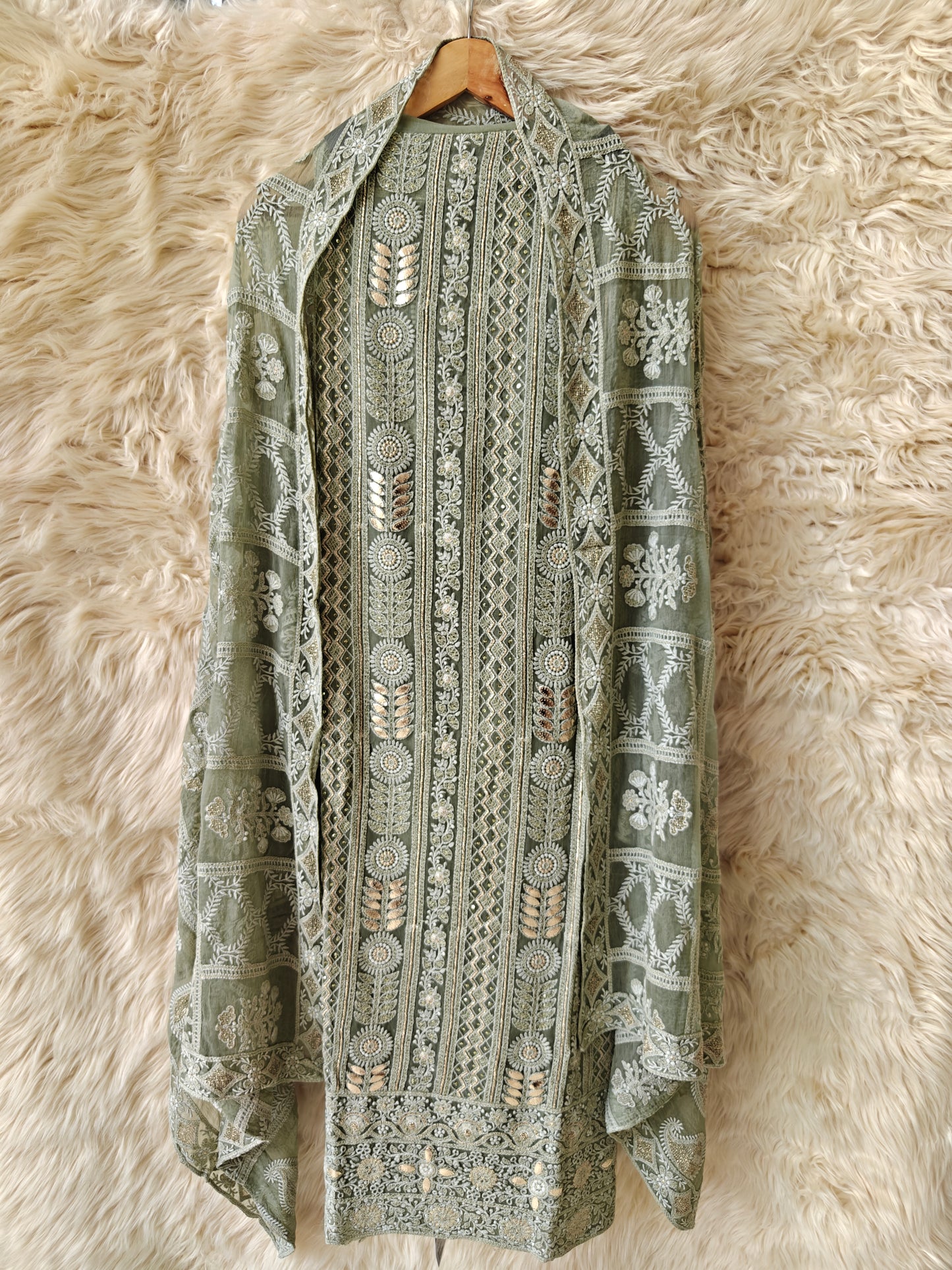 Aureya – Sage Green Embroidered Georgette Unstitched Suit Set - Nivisha's