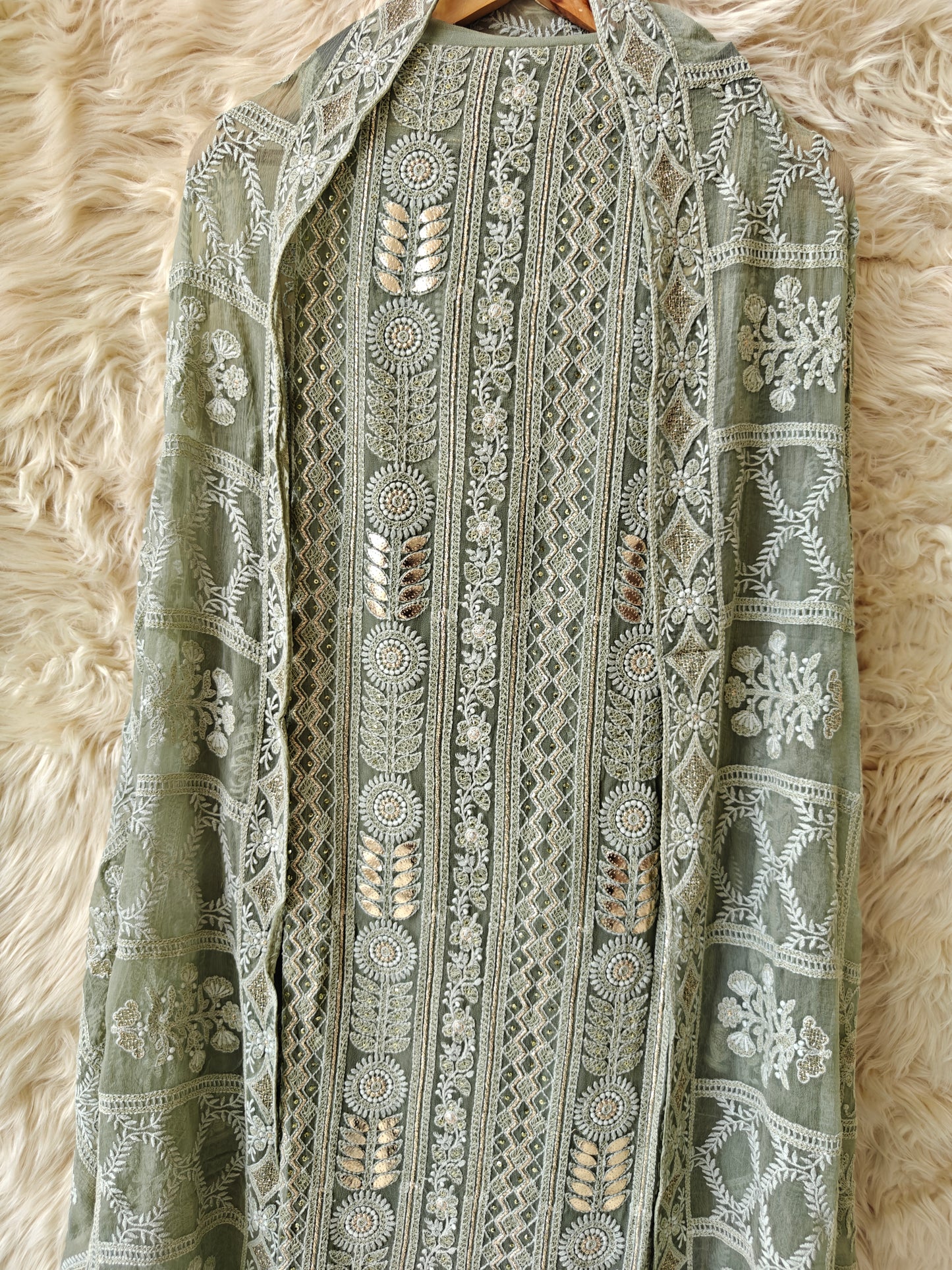 Aureya – Sage Green Embroidered Georgette Unstitched Suit Set - Nivisha's