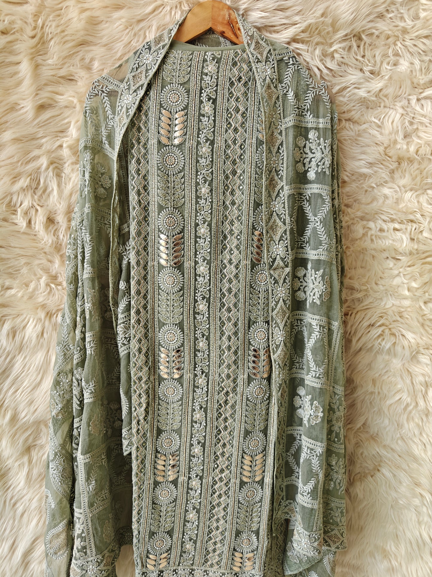 Aureya – Sage Green Embroidered Georgette Unstitched Suit Set - Nivisha's