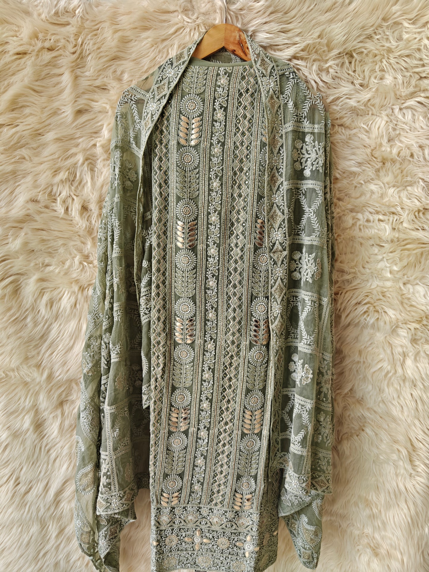 Aureya – Sage Green Embroidered Georgette Unstitched Suit Set - Nivisha's