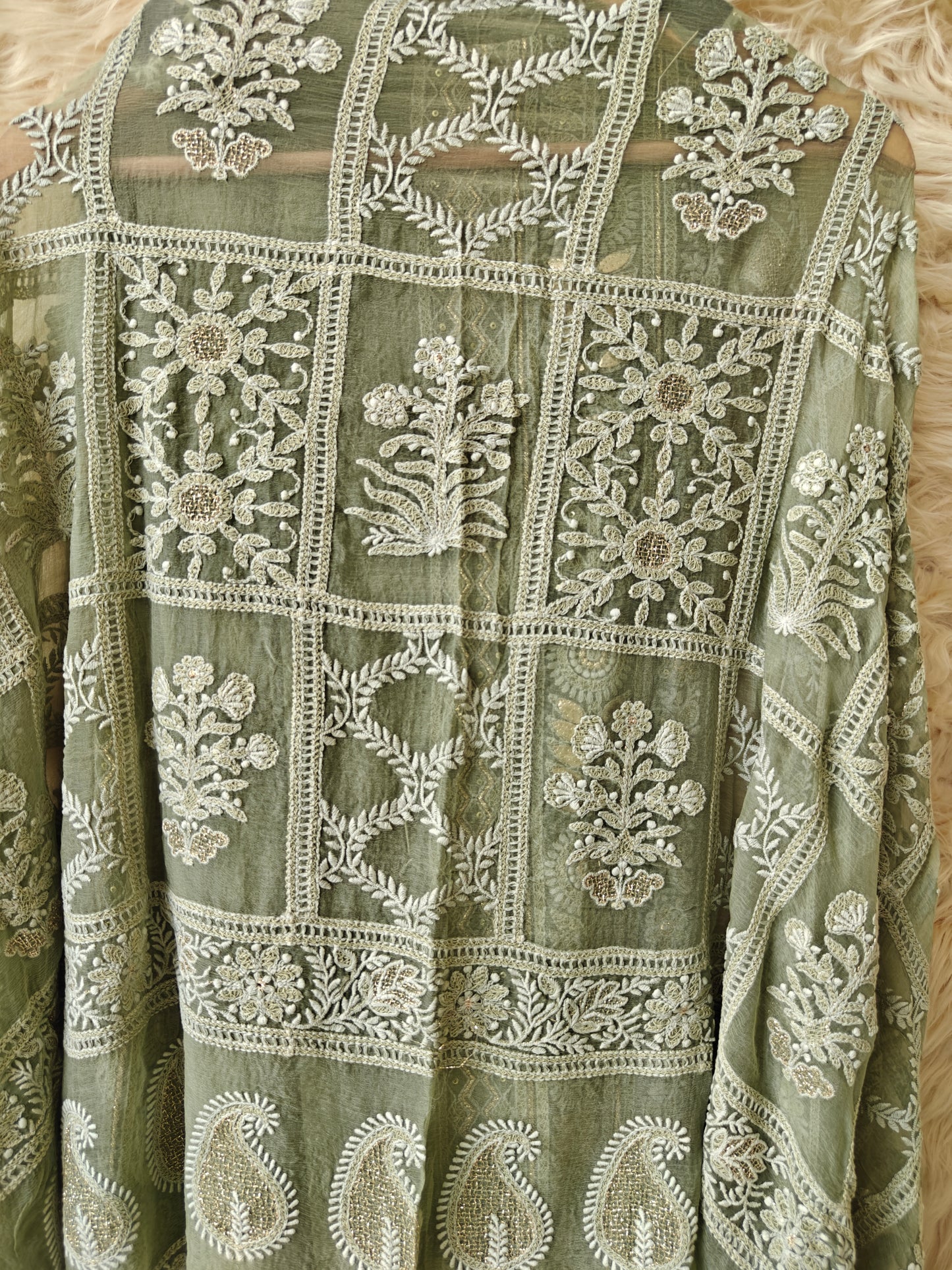 Aureya – Sage Green Embroidered Georgette Unstitched Suit Set - Nivisha's