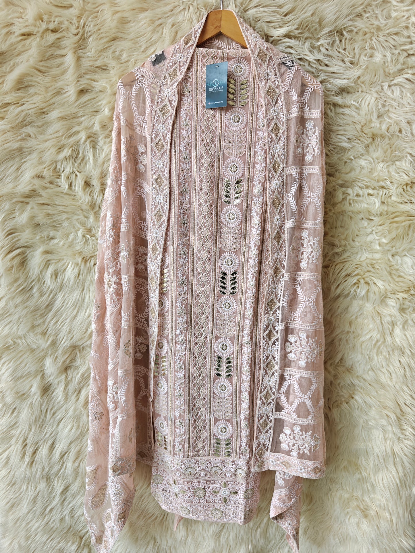 Serai – Blush Pink Embroidered Georgette Unstitched Suit Set - Nivisha's