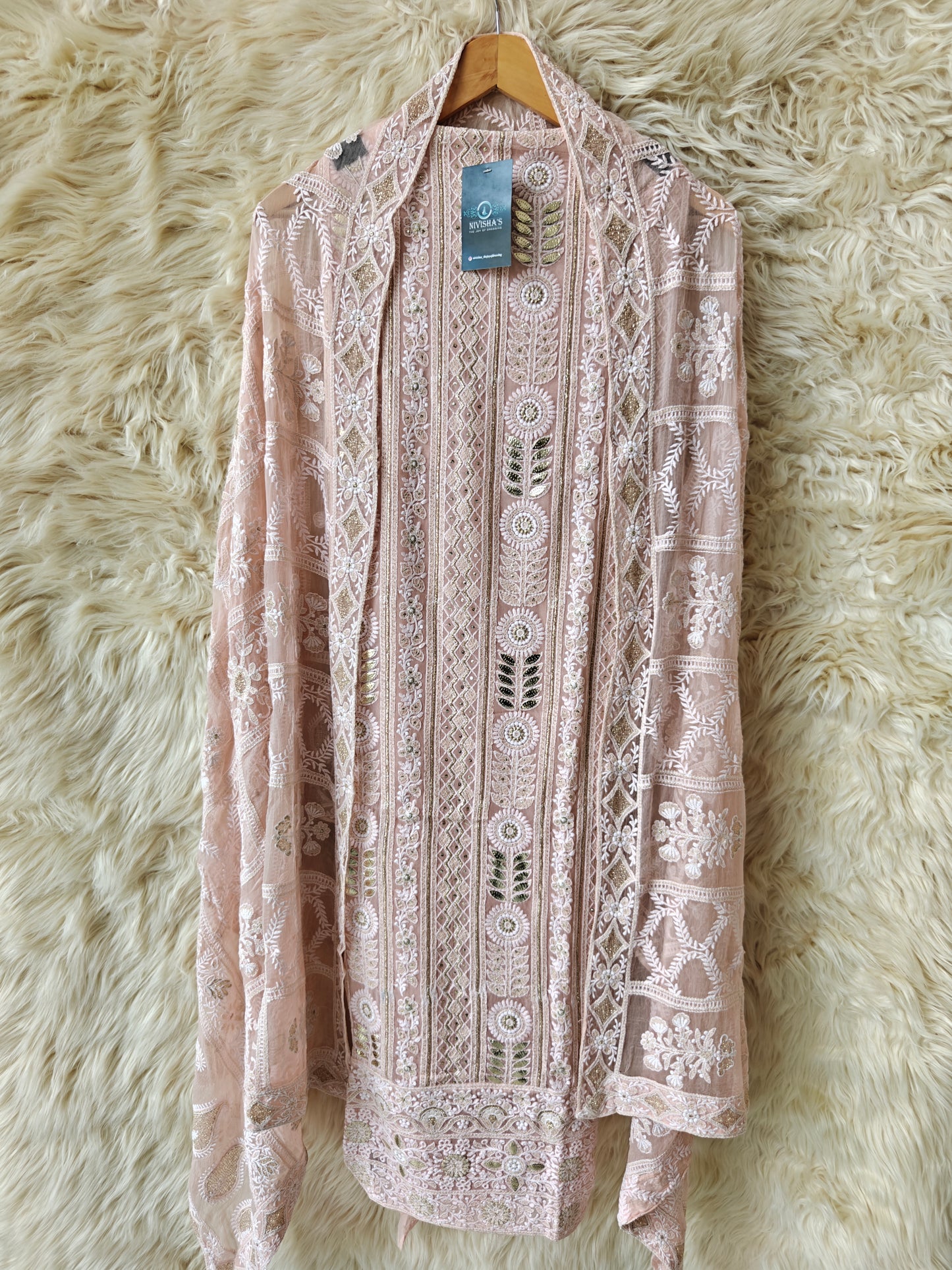 Serai – Blush Pink Embroidered Georgette Unstitched Suit Set - Nivisha's