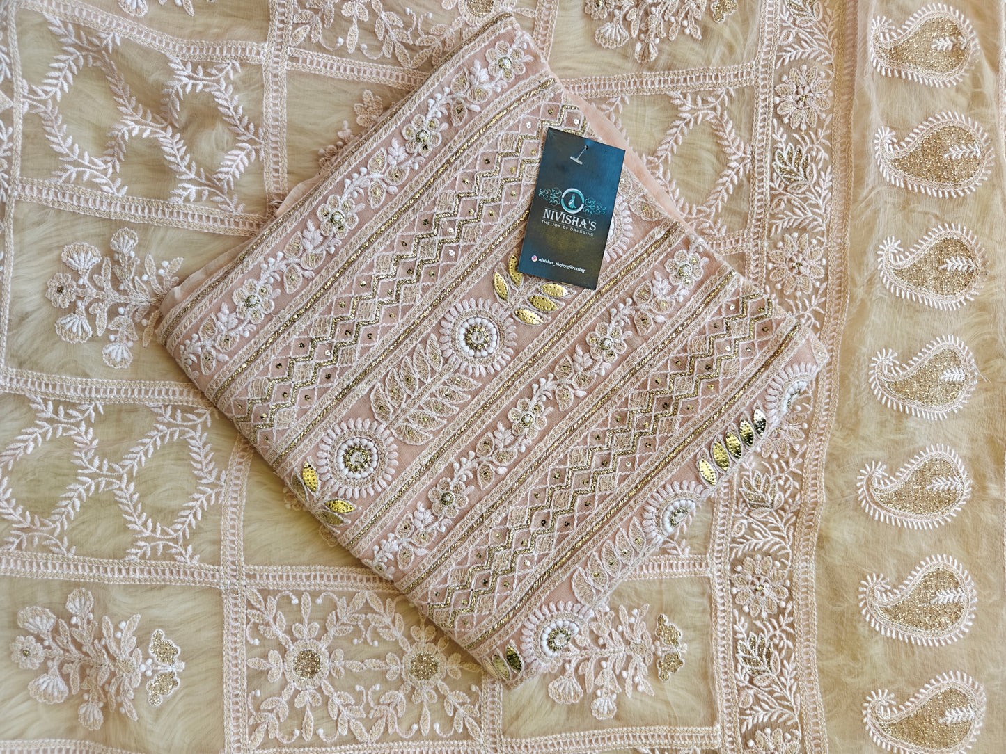 Serai – Blush Pink Embroidered Georgette Unstitched Suit Set - Nivisha's