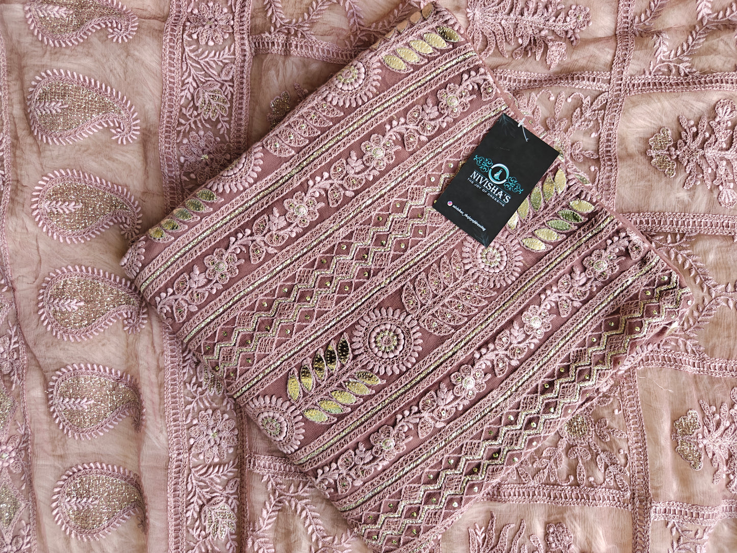 Iraya – Mauve Embroidered Georgette Unstitched Suit Set - Nivisha's