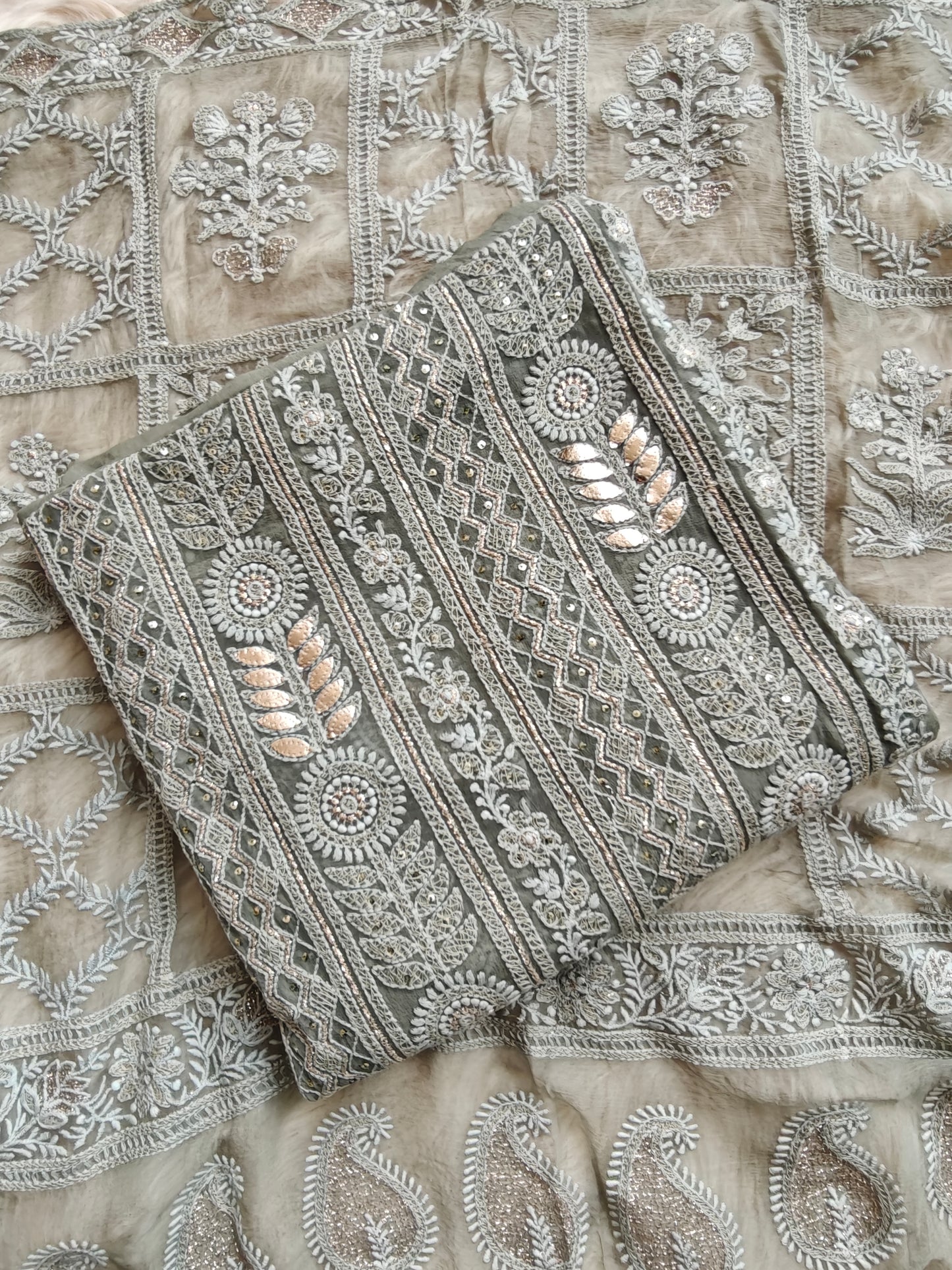 Aureya – Sage Green Embroidered Georgette Unstitched Suit Set - Nivisha's