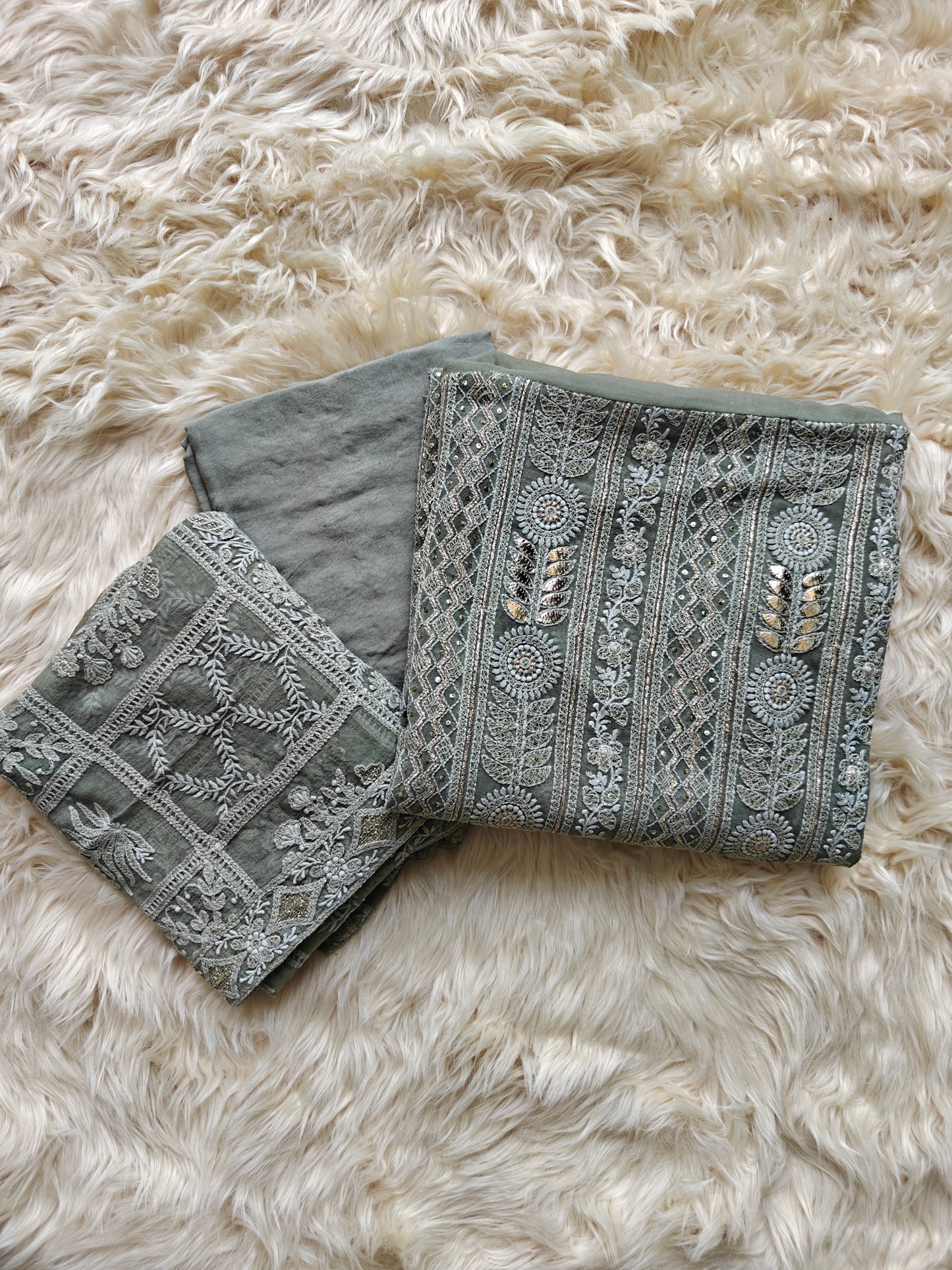 Aureya – Sage Green Embroidered Georgette Unstitched Suit Set - Nivisha's