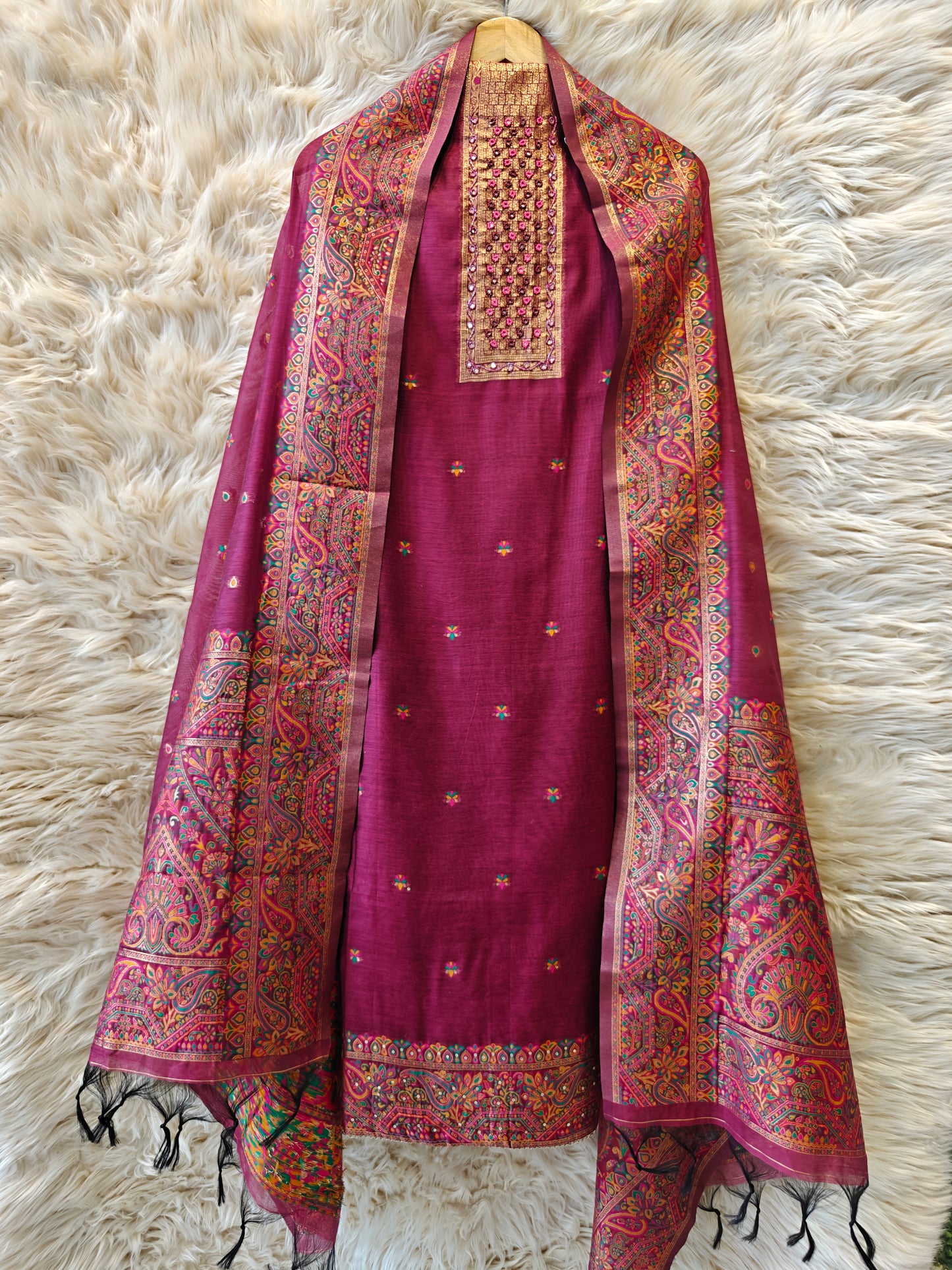 Wine Whisper – Kashmiri Weave Embroidered Unstitched Suit Set