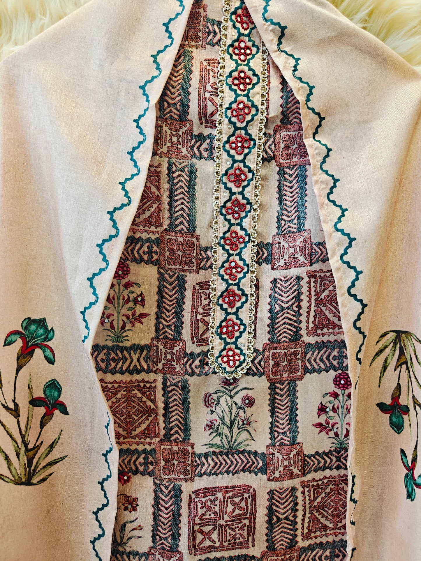 Peach Blossom Reverie - Unstitched Geometric Pattern Suit