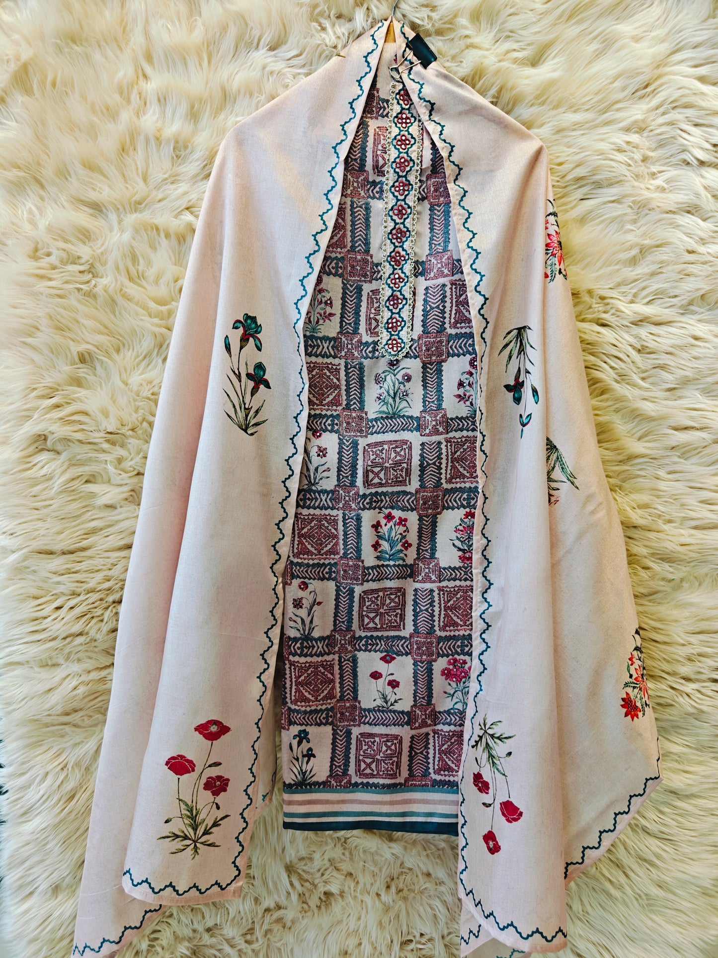 Peach Blossom Reverie - Unstitched Geometric Pattern Suit