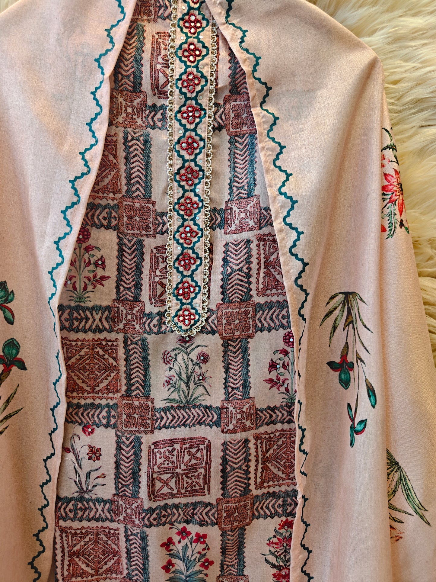 Peach Blossom Reverie - Unstitched Geometric Pattern Suit