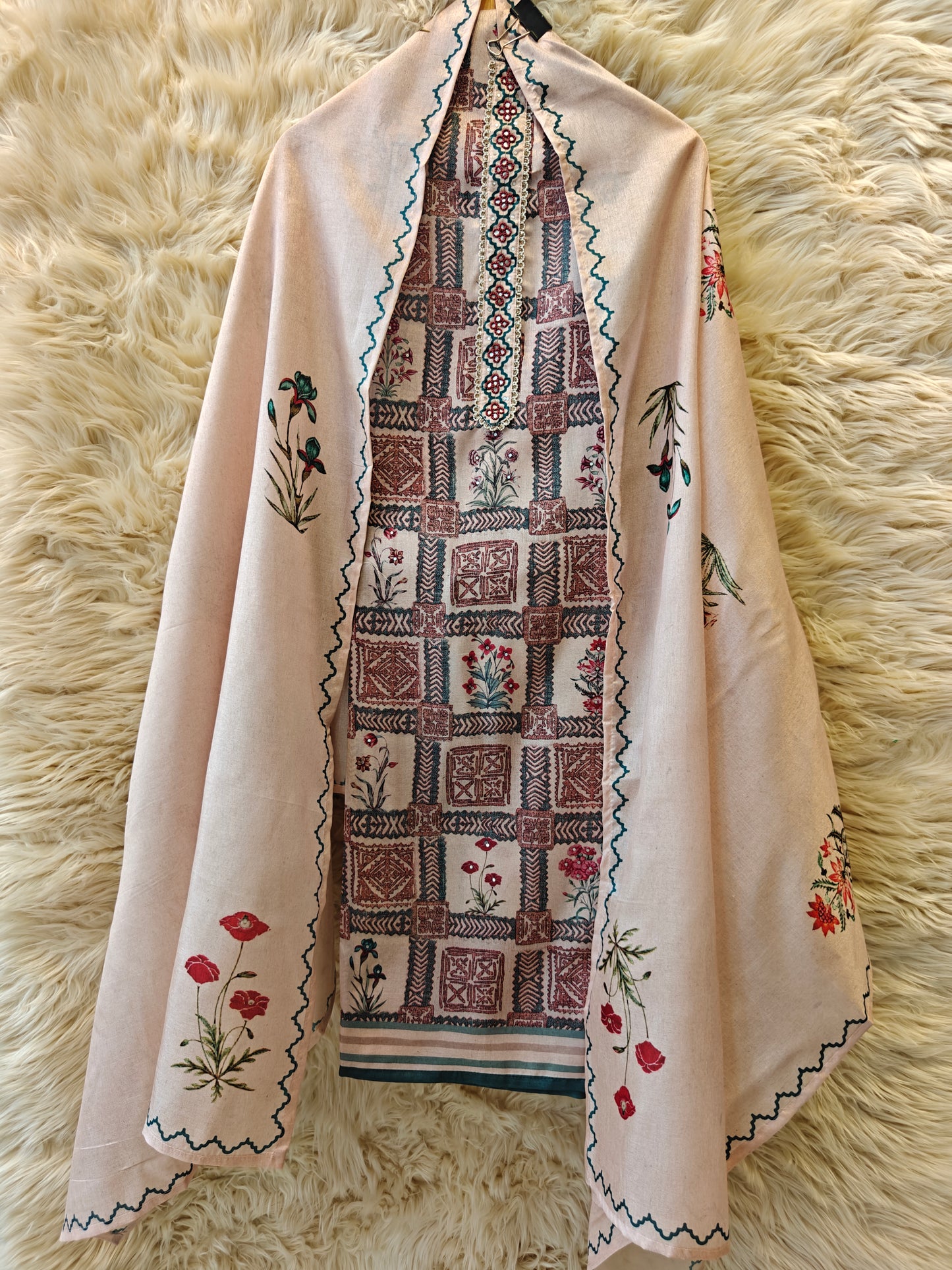 Peach Blossom Reverie - Unstitched Geometric Pattern Suit