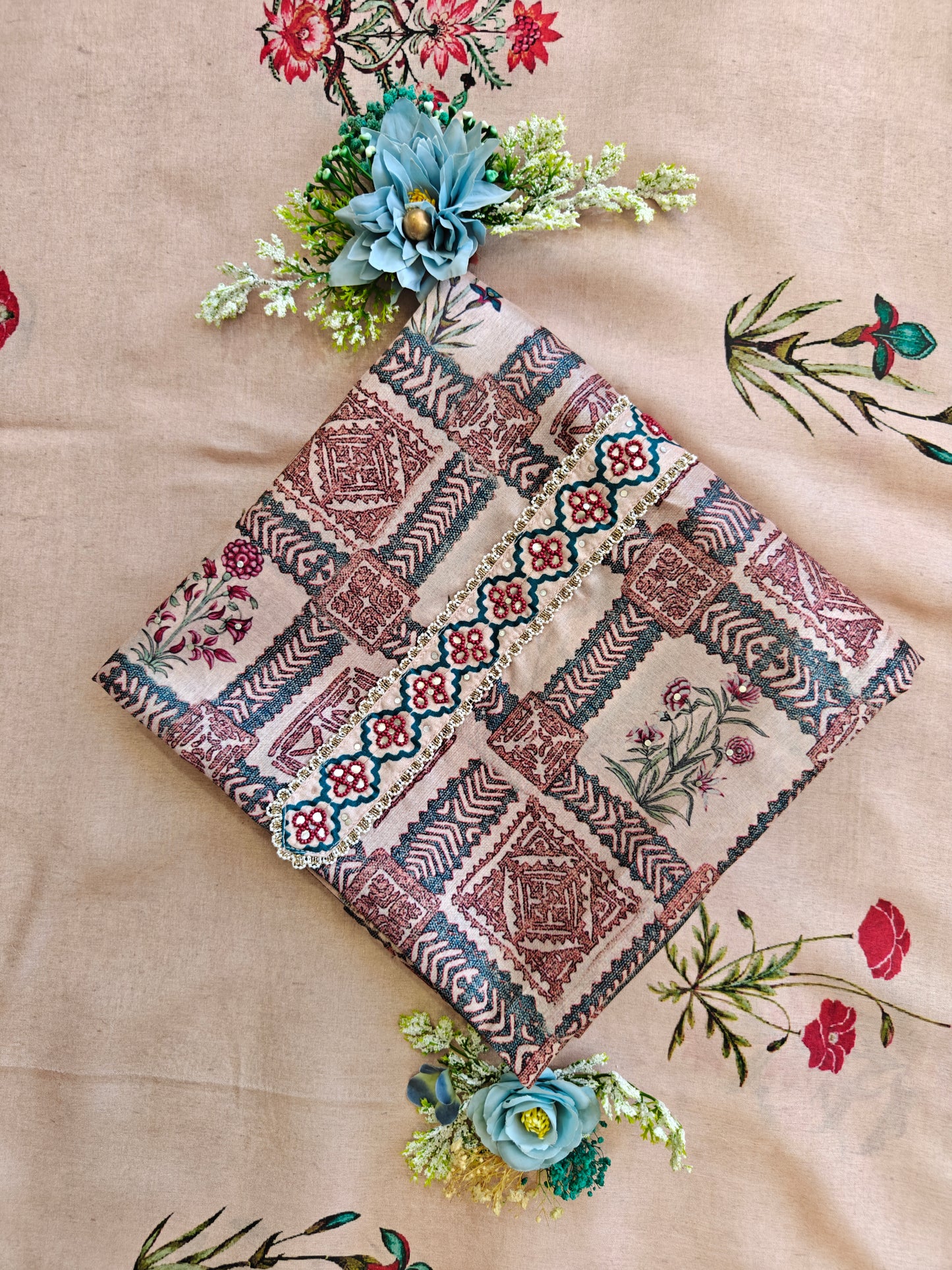 Peach Blossom Reverie - Unstitched Geometric Pattern Suit