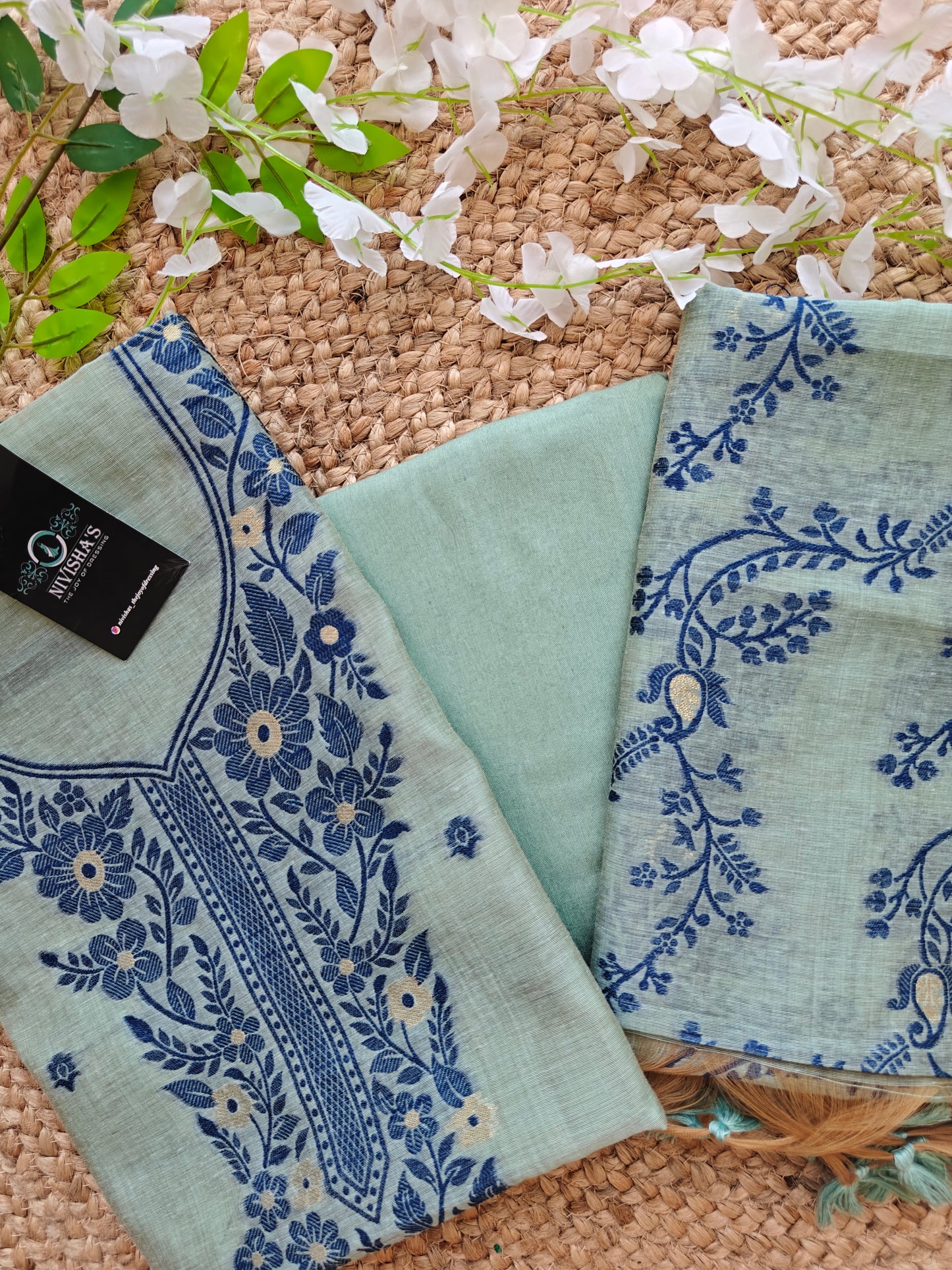 Azure Whispers – Threaded Bloom Unstitched Suit Set