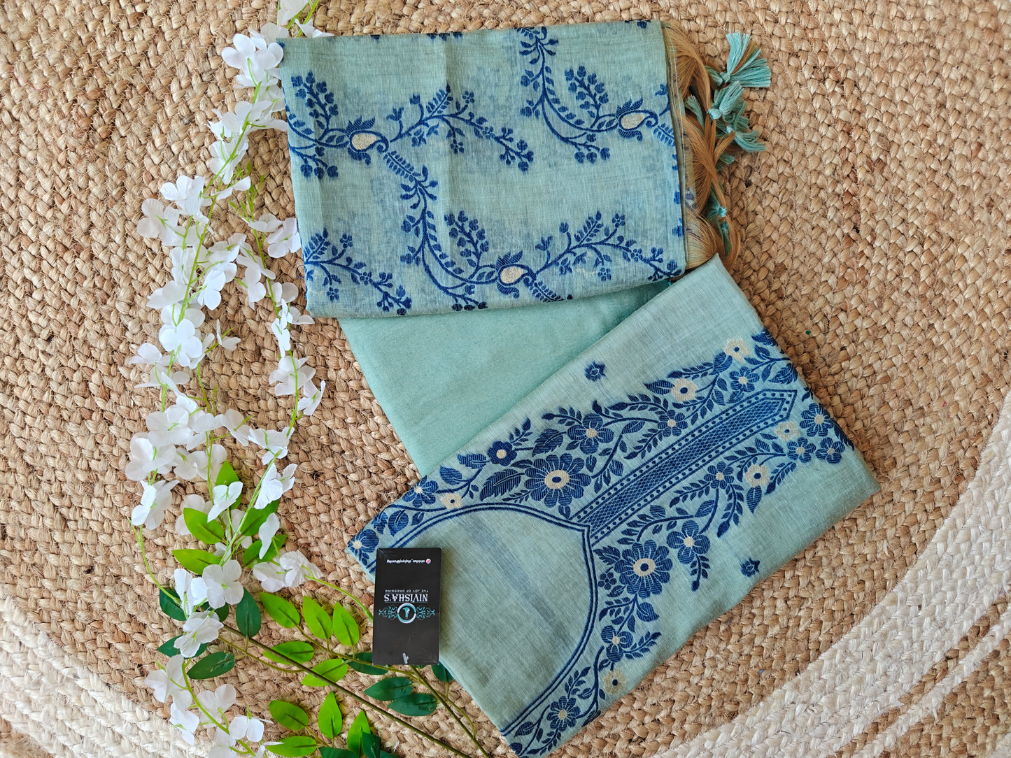 Azure Whispers – Threaded Bloom Unstitched Suit Set