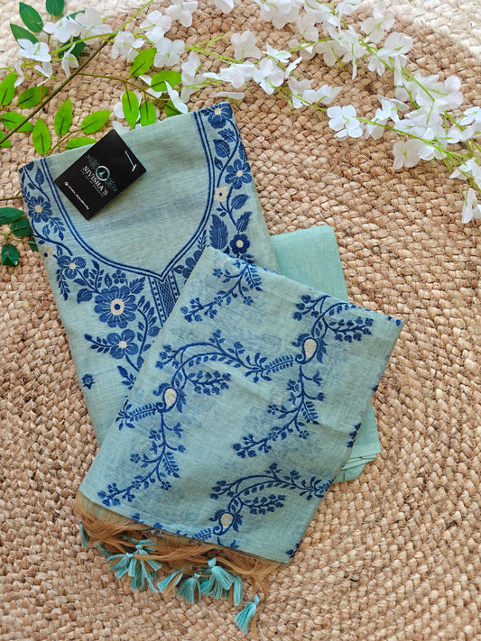 Azure Whispers – Threaded Bloom Unstitched Suit Set