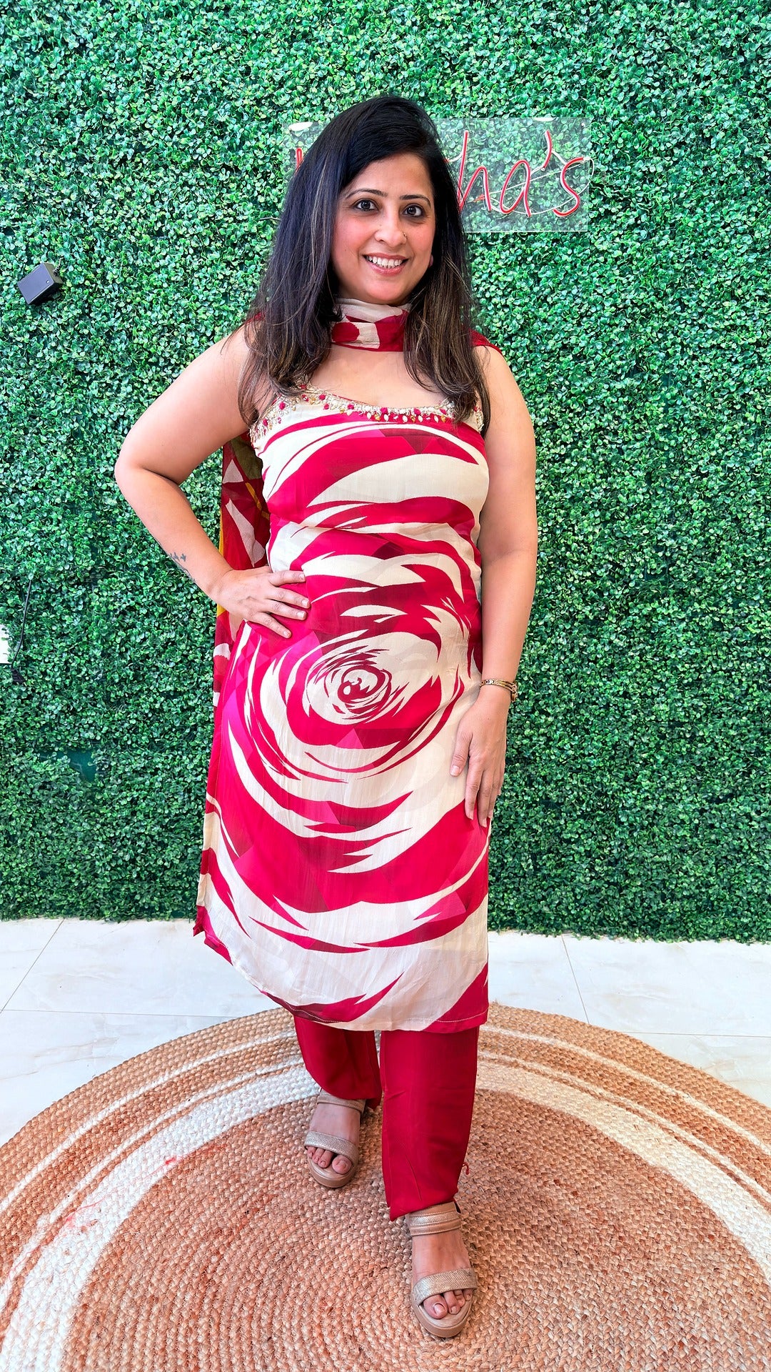 Crimson Bloom Stitched Crape Suit Set