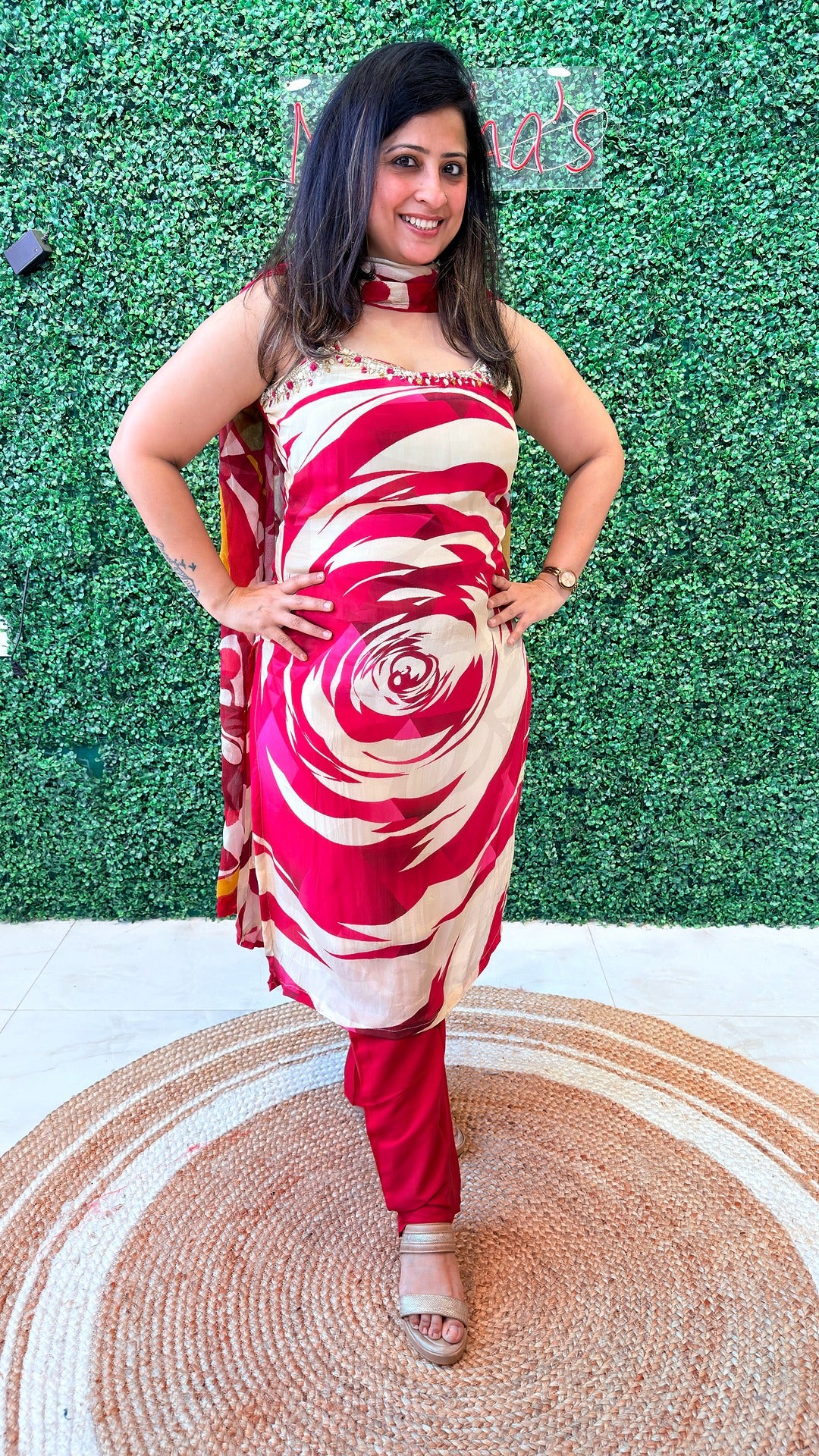 Crimson Bloom Stitched Crape Suit Set