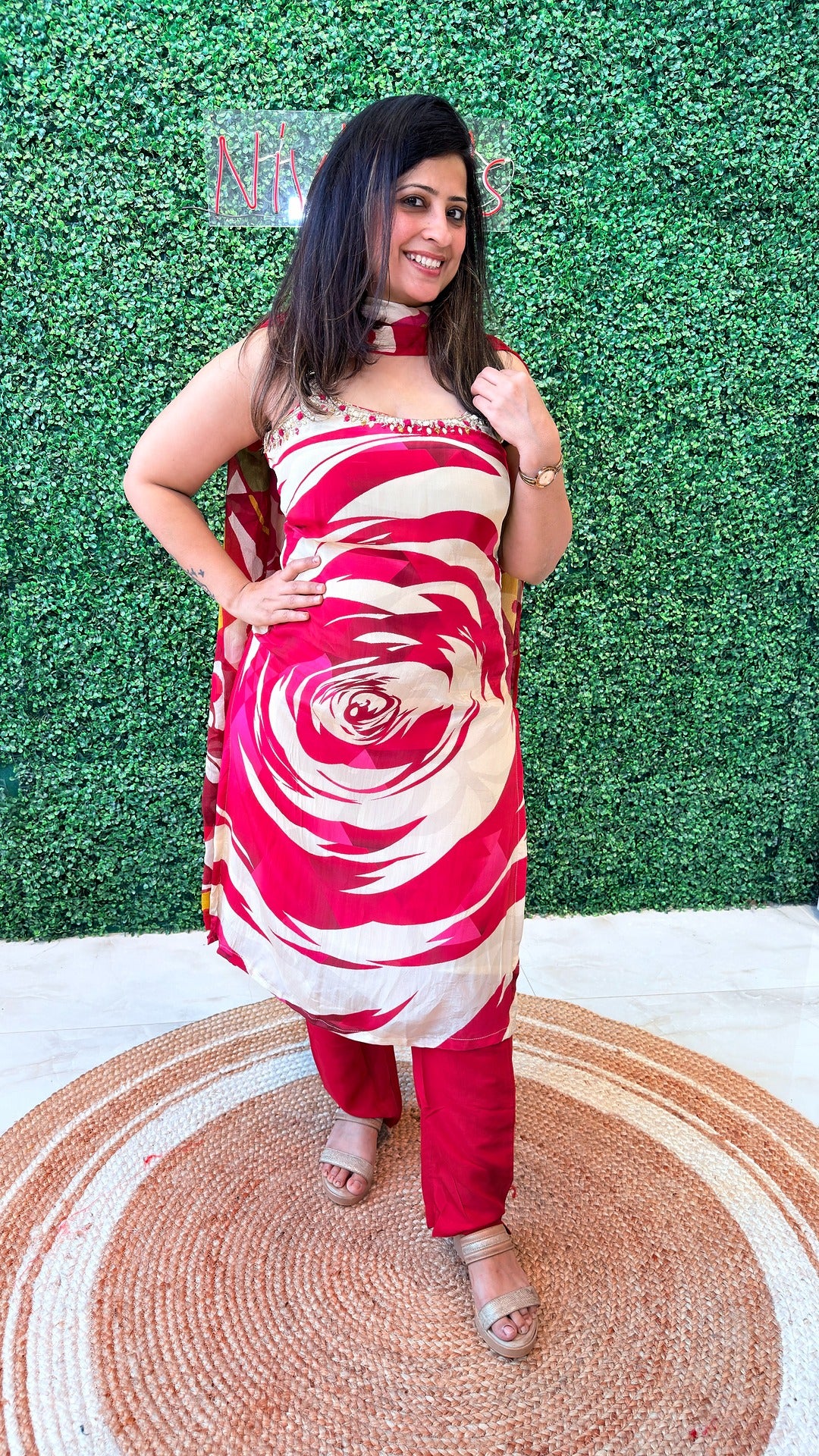 Crimson Bloom Stitched Crape Suit Set